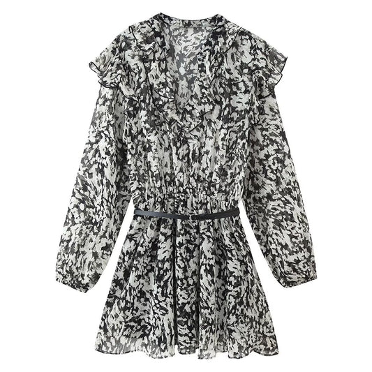 Women Clothing Western with Belt Printed Mini Dress