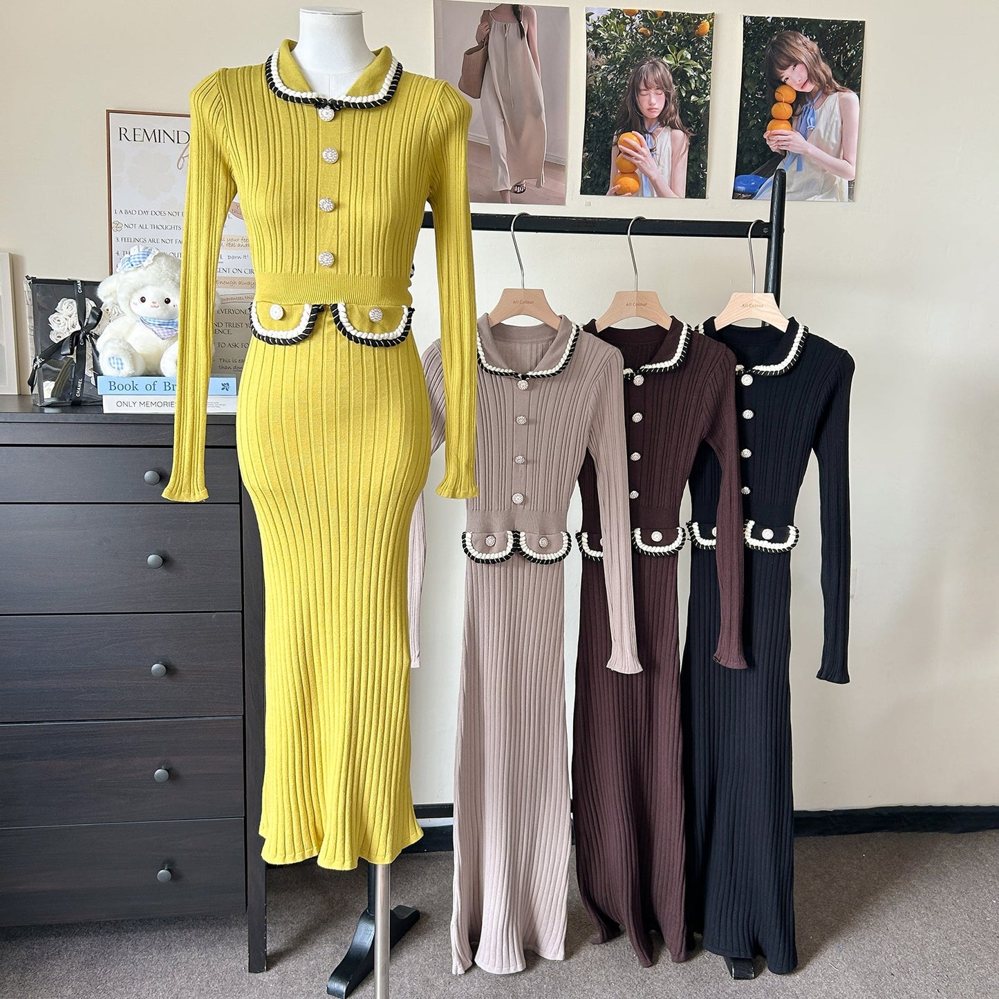 Women Spring Autumn Style Babydoll Dress With Knitted Long Dress