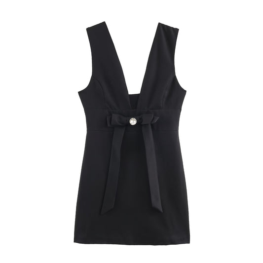 Autumn Solid Color Bow Decoration V neck Backless Design Fashionable All Match Dress