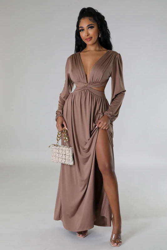 Deep V Plunge Neck Solid Color Long Sleeve Sexy Waist Hollow Out Cutout out Lace up Split Dress Comfortable Skin Friendly Daily Party Women Dress
