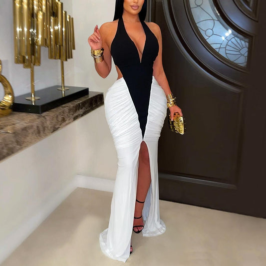 Women Wear Sexy V Neck Arm Covering Split Backless Dress