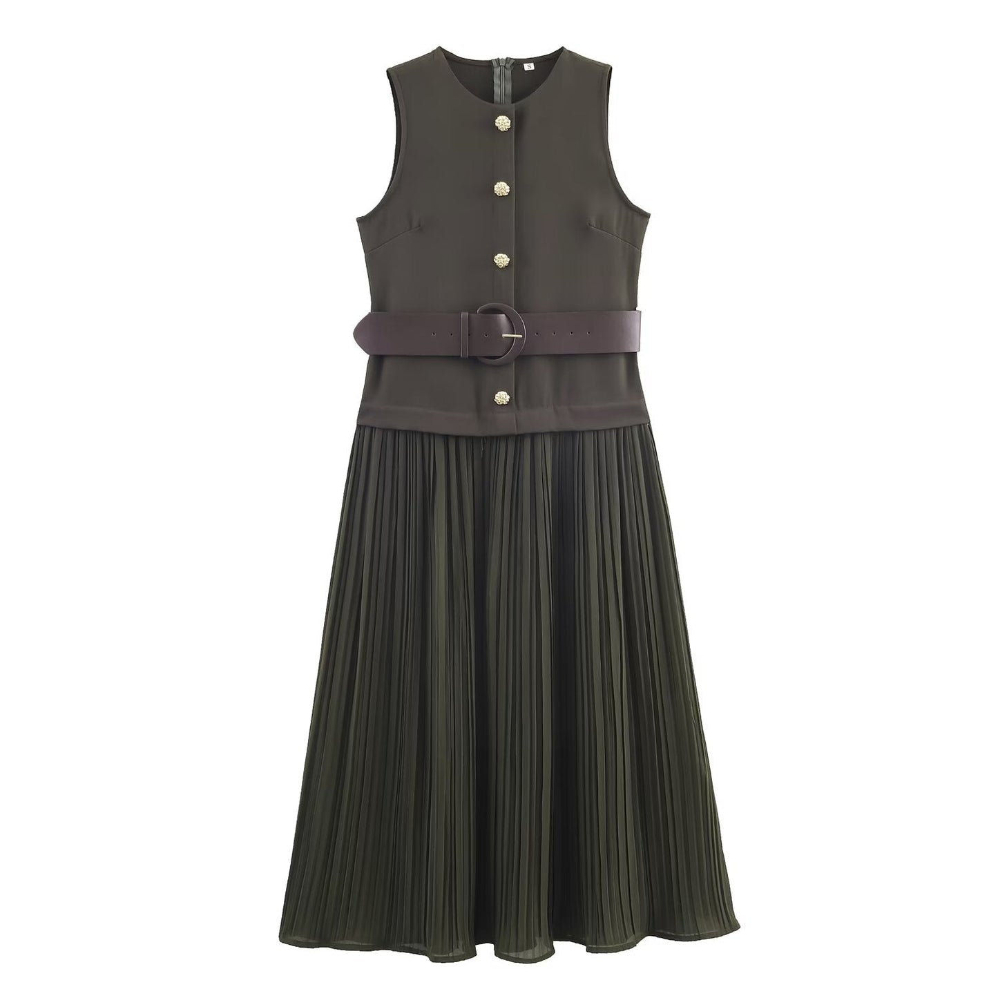 Women Clothing with Belt Stitching Midi Dress
