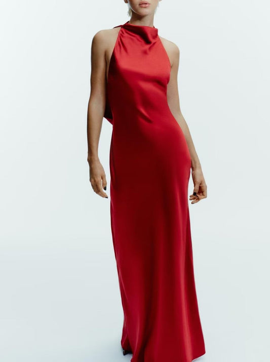 Women Clothing Top Product Silk Satin Texture Hanging Collar Sleeveless Slim Burgundy Maxi Dress