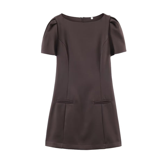 Women Casual Solid Color Two Pleated Pocket Short Sleeve Dress
