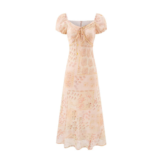 Retro Square Collar Lace up Bubble Sleeve Printed Dress Autumn High Waist Slim Slimming Vacation Maxi Dress