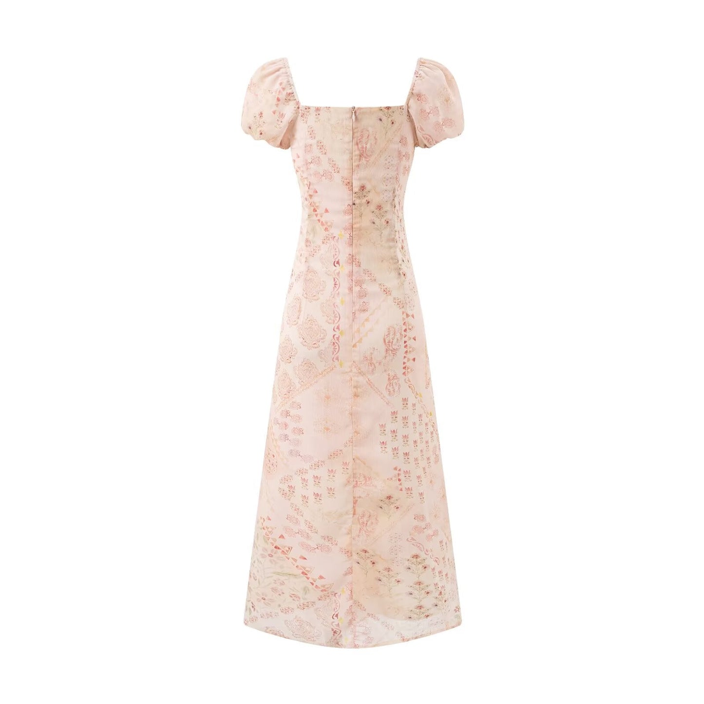 Retro Square Collar Lace up Bubble Sleeve Printed Dress Autumn High Waist Slim Slimming Vacation Maxi Dress