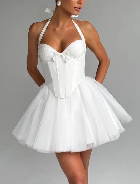 Women Clothing Boning Corset Steel Bracket Halter Mesh Camisole Dress