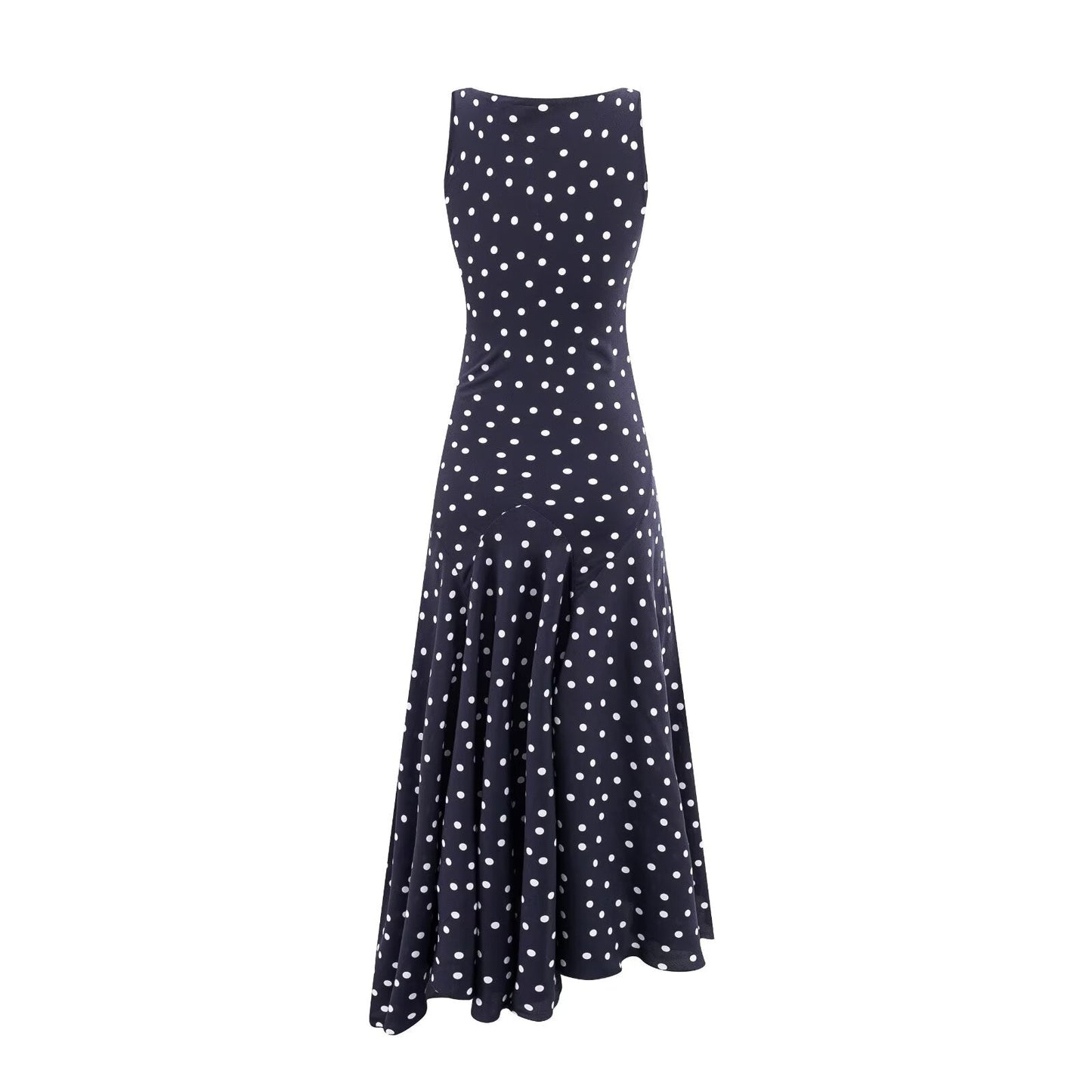 Mature Retro Square Collar Fitted Waist Polka Dots Dress Women Summer Sleeveless Slim Fitting Patchwork Irregular Asymmetric Polka Dot Maxi Dress