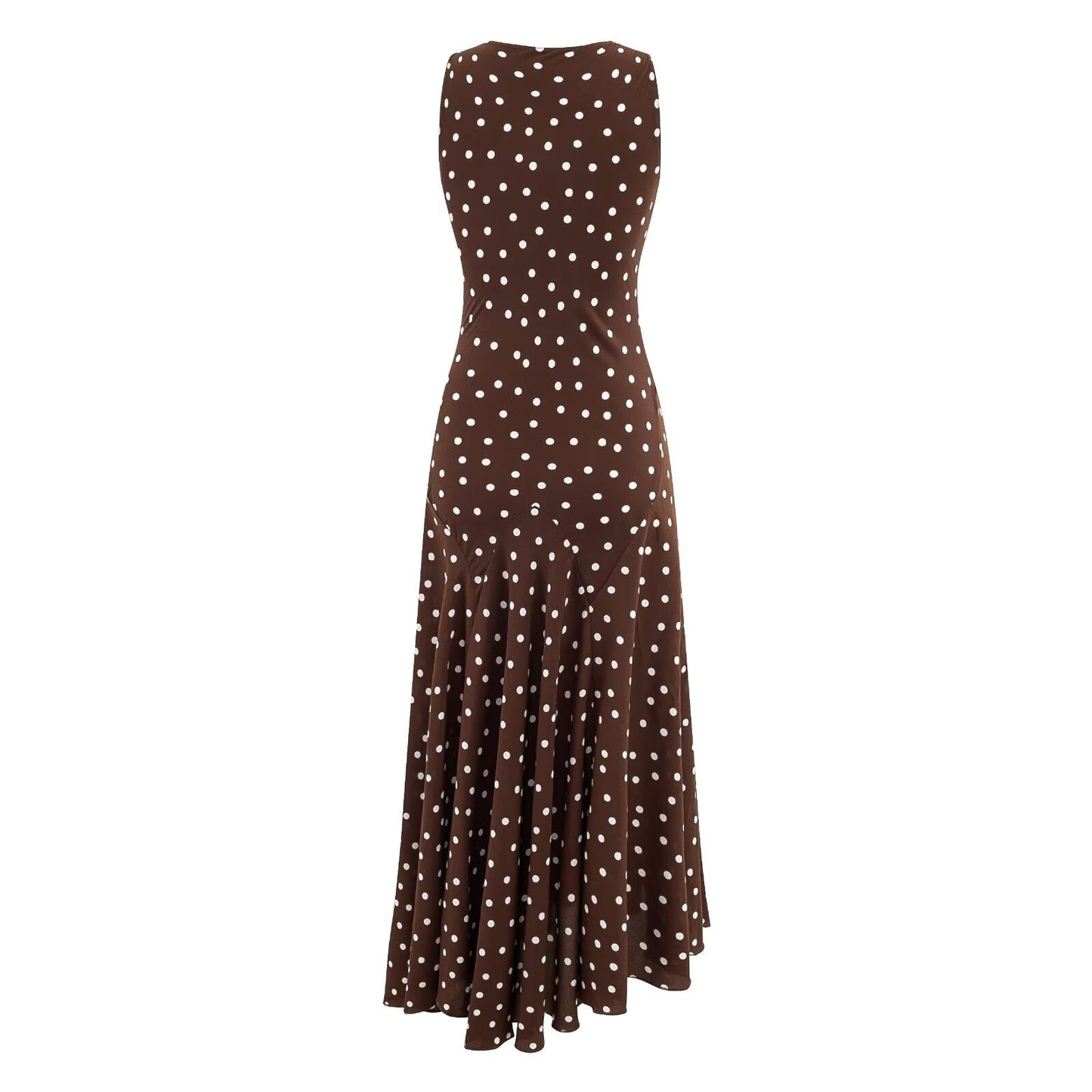 Mature Retro Square Collar Fitted Waist Polka Dots Dress Women Summer Sleeveless Slim Fitting Patchwork Irregular Asymmetric Polka Dot Maxi Dress