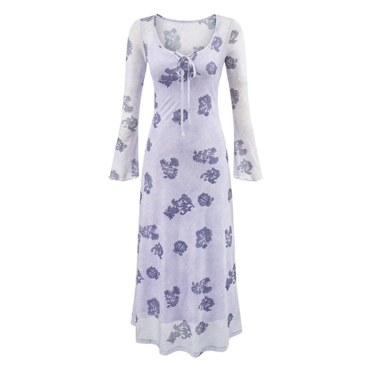 Winter Young Elegant Formal Dress Retro Printed Square Collar Slim Dress