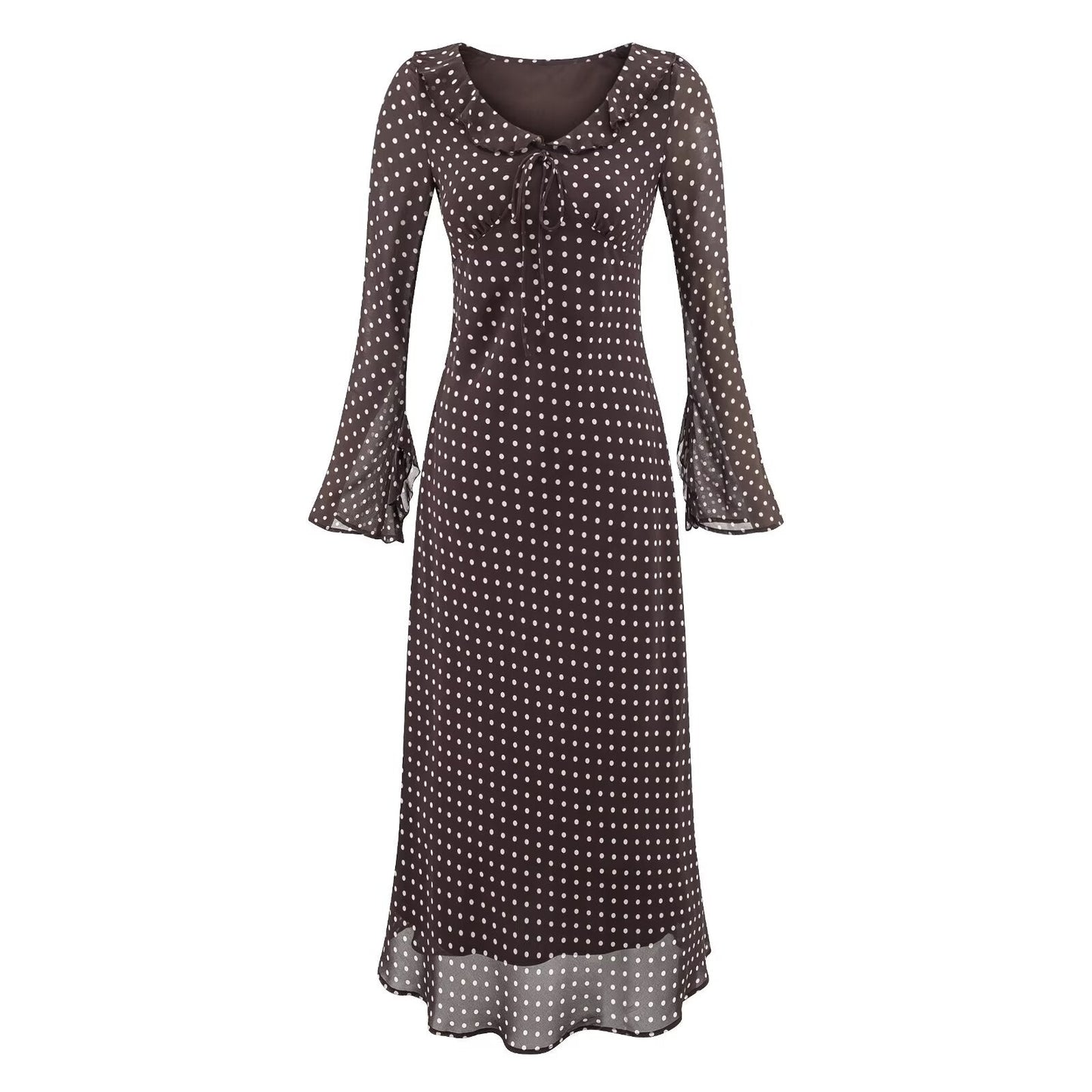 High Grade Polka Dot Printing Collared Lace up Split Cuff Dress Autumn Tight Waist Slim Fit Maxi Dress