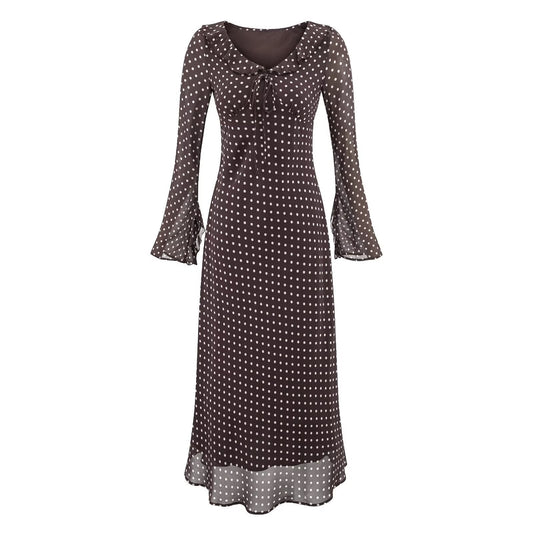 High Grade Polka Dot Printing Collared Lace up Split Cuff Dress Autumn Tight Waist Slim Fit Maxi Dress