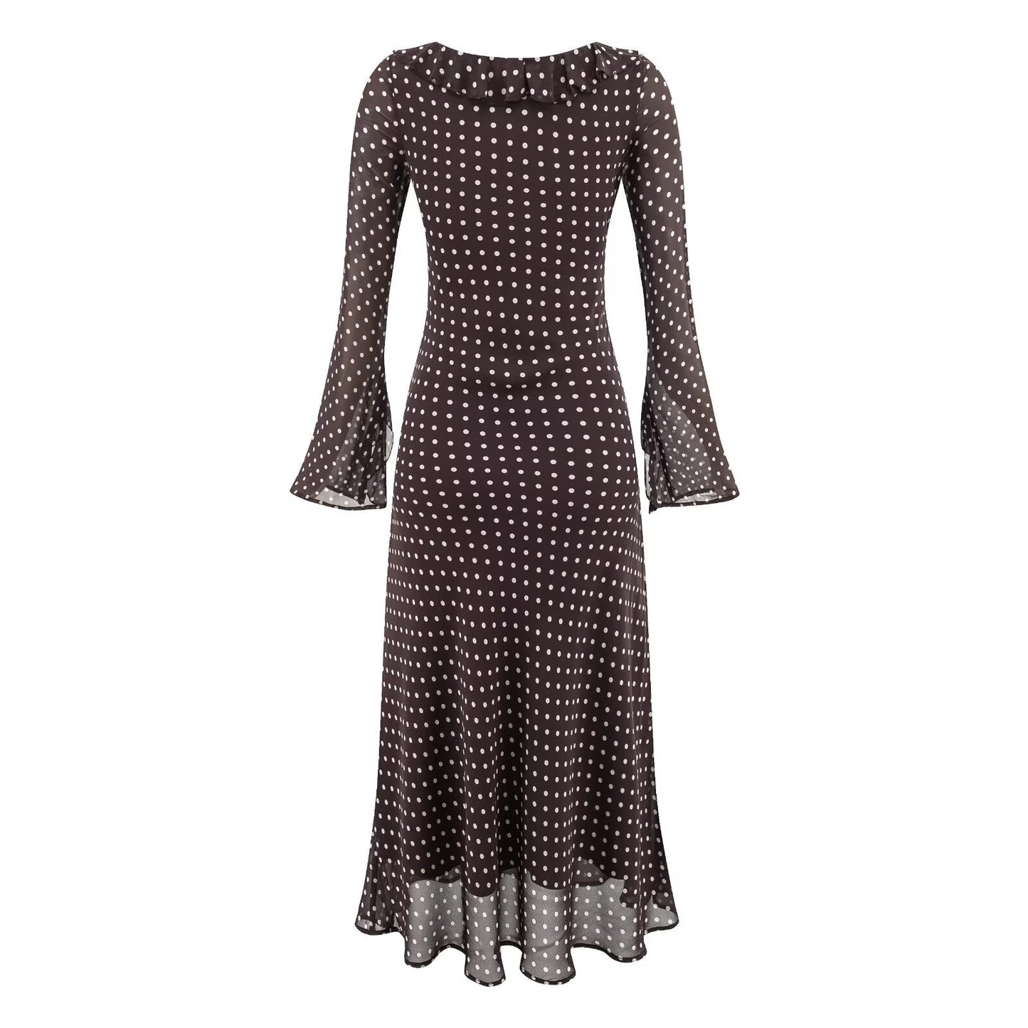 High Grade Polka Dot Printing Collared Lace up Split Cuff Dress Autumn Tight Waist Slim Fit Maxi Dress