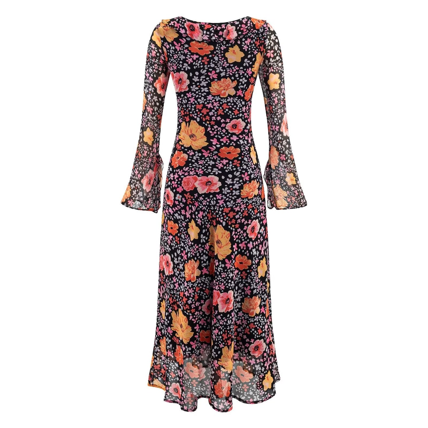 Autumn Women Long Sleeved Printed Midi Dress