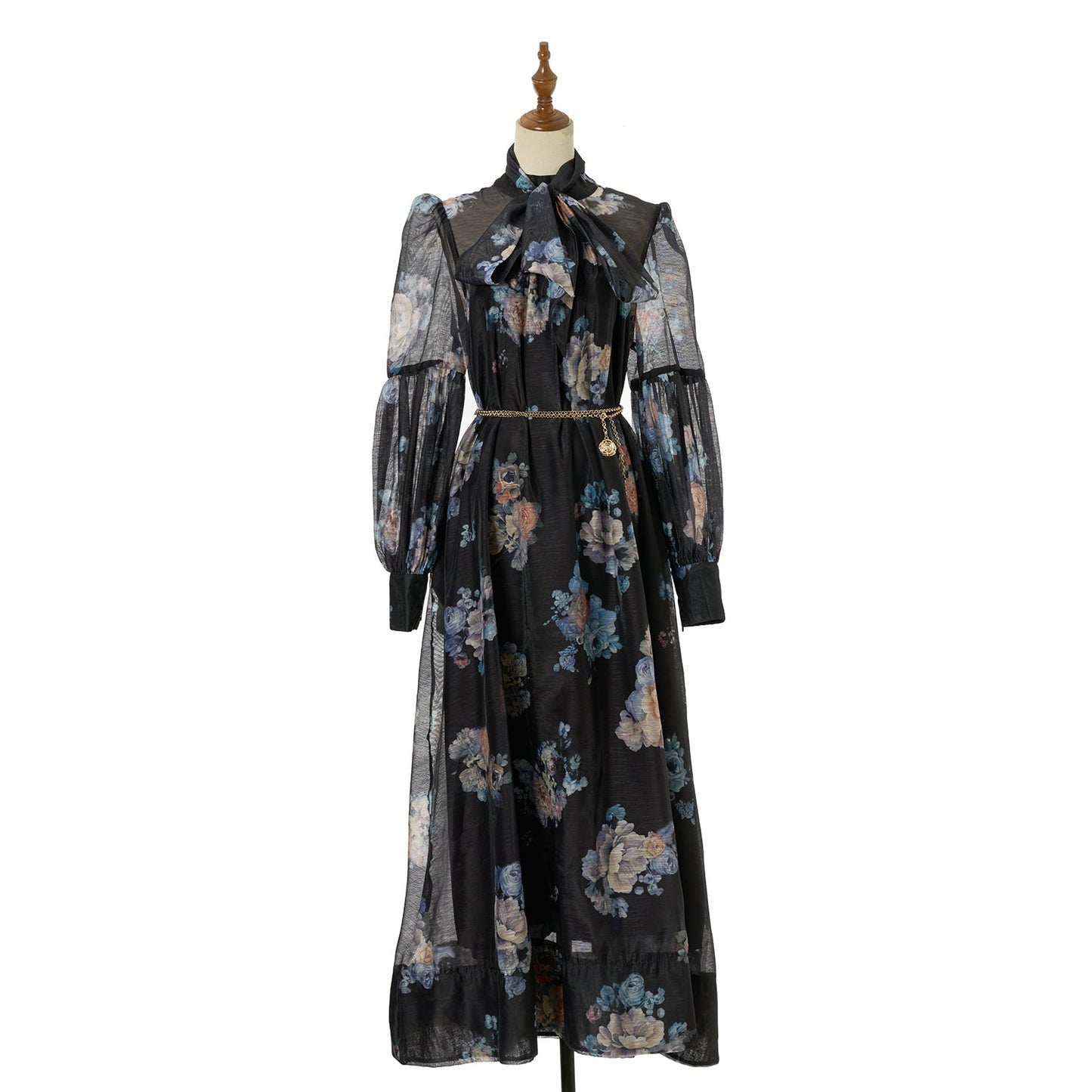Women Loose Fitting V Neck Lantern Shaped Long Sleeved Wide Skirted Printed Dress
