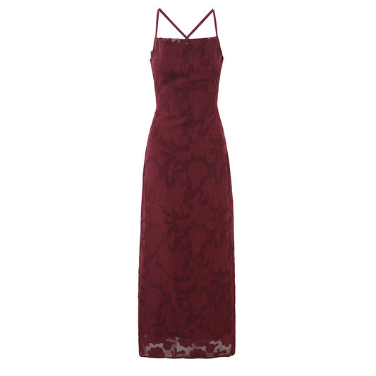 Off Shoulder Fitted Waist Backless Lace up Strap Dress Women Retro Elegant Jacquard French Maxi Dress