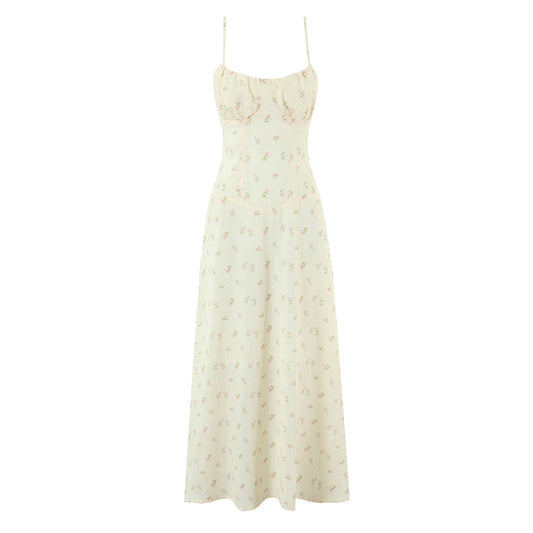 Women Clothing French Yellow Floral Drawstring Strap Dress Summer Sweet Slim Fit Vacation Beautiful Dress