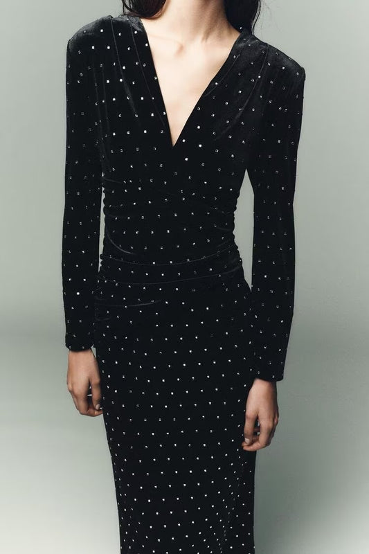 Women Clothing Autumn Bright Beaded Velvet Midi Dress