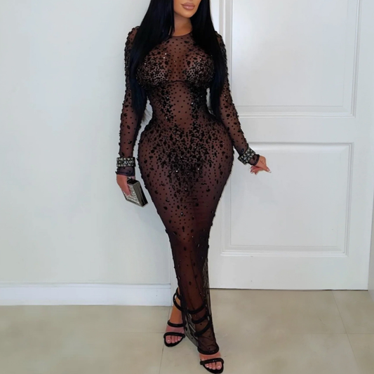 Women Wear Sexy Sheer Mesh Rhinestone Sheath Dress