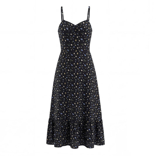 Spring French Floral Printed Waist Controlled Slimming All Matching Long Strap Dress