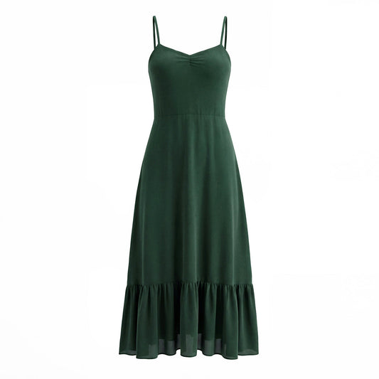 French Waist Tight Green Suspenders Dress for Women Slim Fit Ruffled Retro Slim Fit Holiday Chiffon Maxi Dress