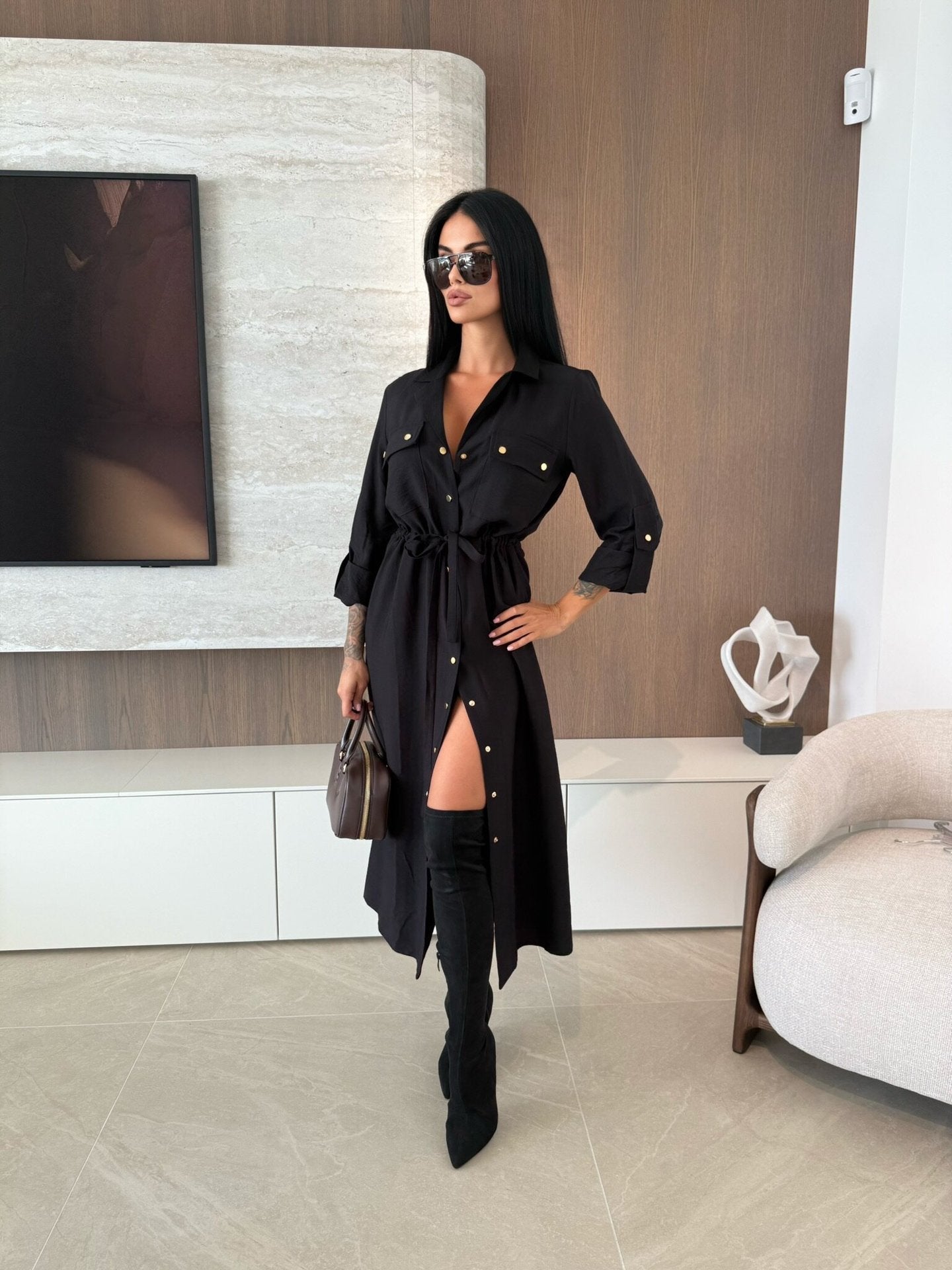 Women Clothing Spring Summer Popular Solid Color Long Sleeve Single Dress