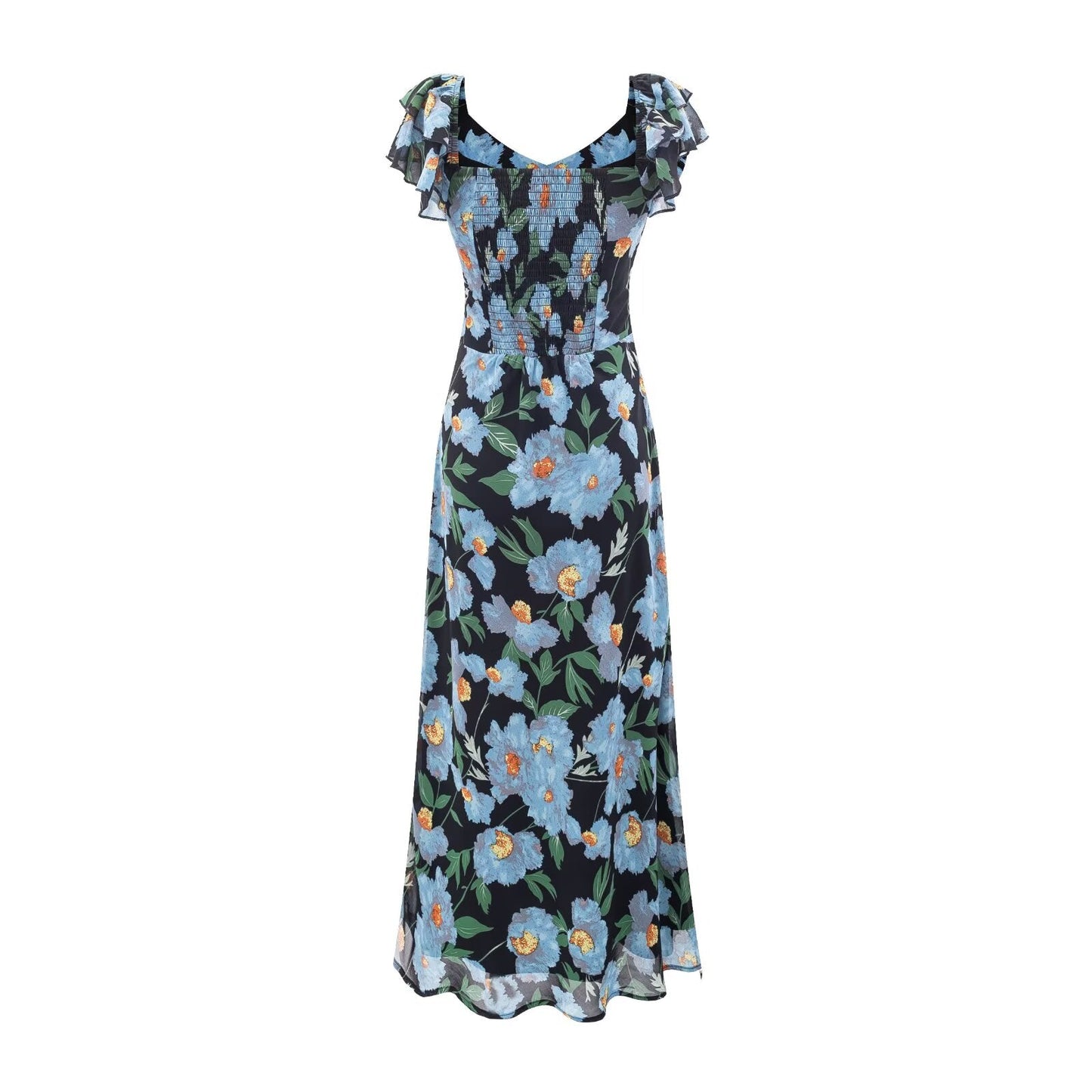 Summer Pastoral Fresh Beautiful Vacation Flying Sleeves Printed Waist Controlled Dress