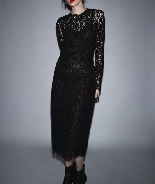 Autumn Women Clothing Fashionable Simple Black Lace Transparent Long Sleeve Dress