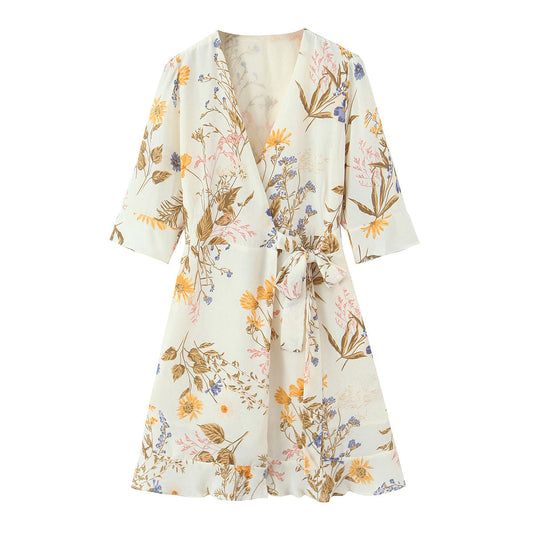 Autumn Winter Women Clothing Printed Lace up Ruffled Dress for Women