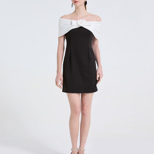 Black And White Contrast One Shoulder Dress With Three Dimensional Floral Decoration Off The Shoulder Figure Hugging And Elegant