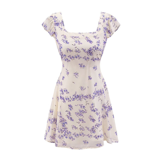 Early Spring Fresh White Background Floral Square Collar Short Sleeve Lace up Waist Controlled Dress