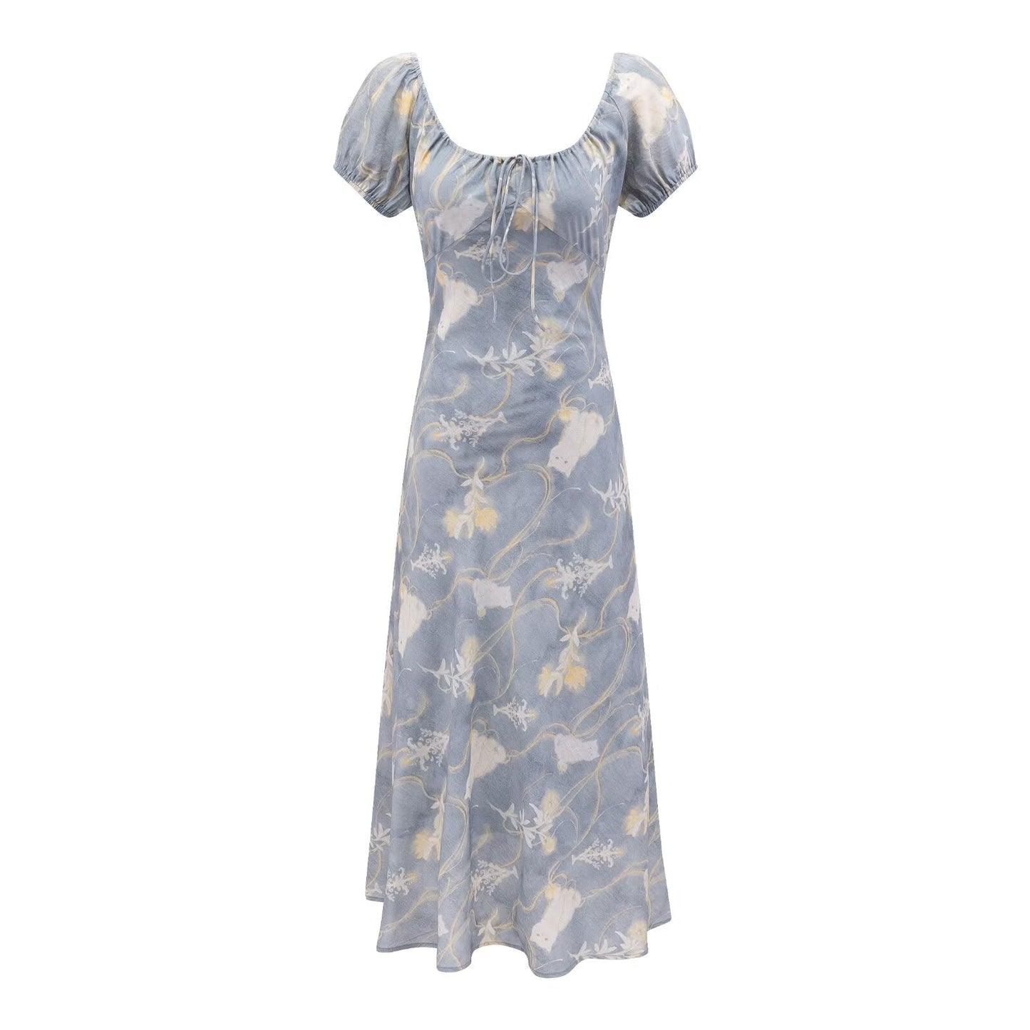 Early Spring Holiday Casual Cool Square Collar Puff Sleeve Printed Waist Controlled Dress