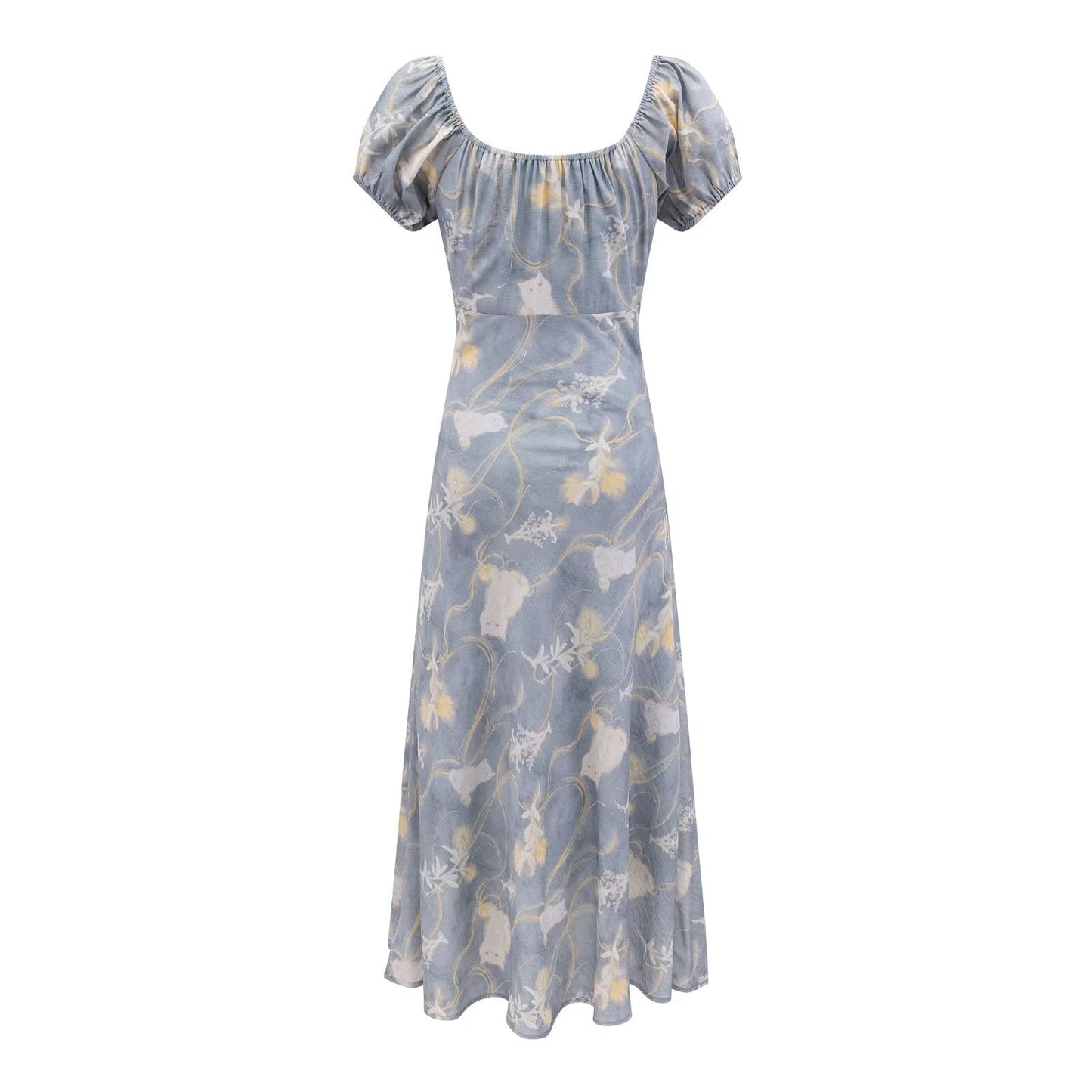 Early Spring Holiday Casual Cool Square Collar Puff Sleeve Printed Waist Controlled Dress