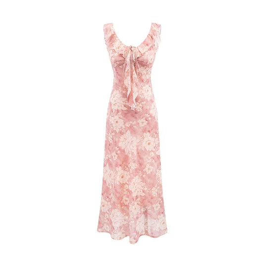 Vintage Ruffled Drawstring Patchwork Slip Dress Pink Rose Sheath Fishtail Midi Dress