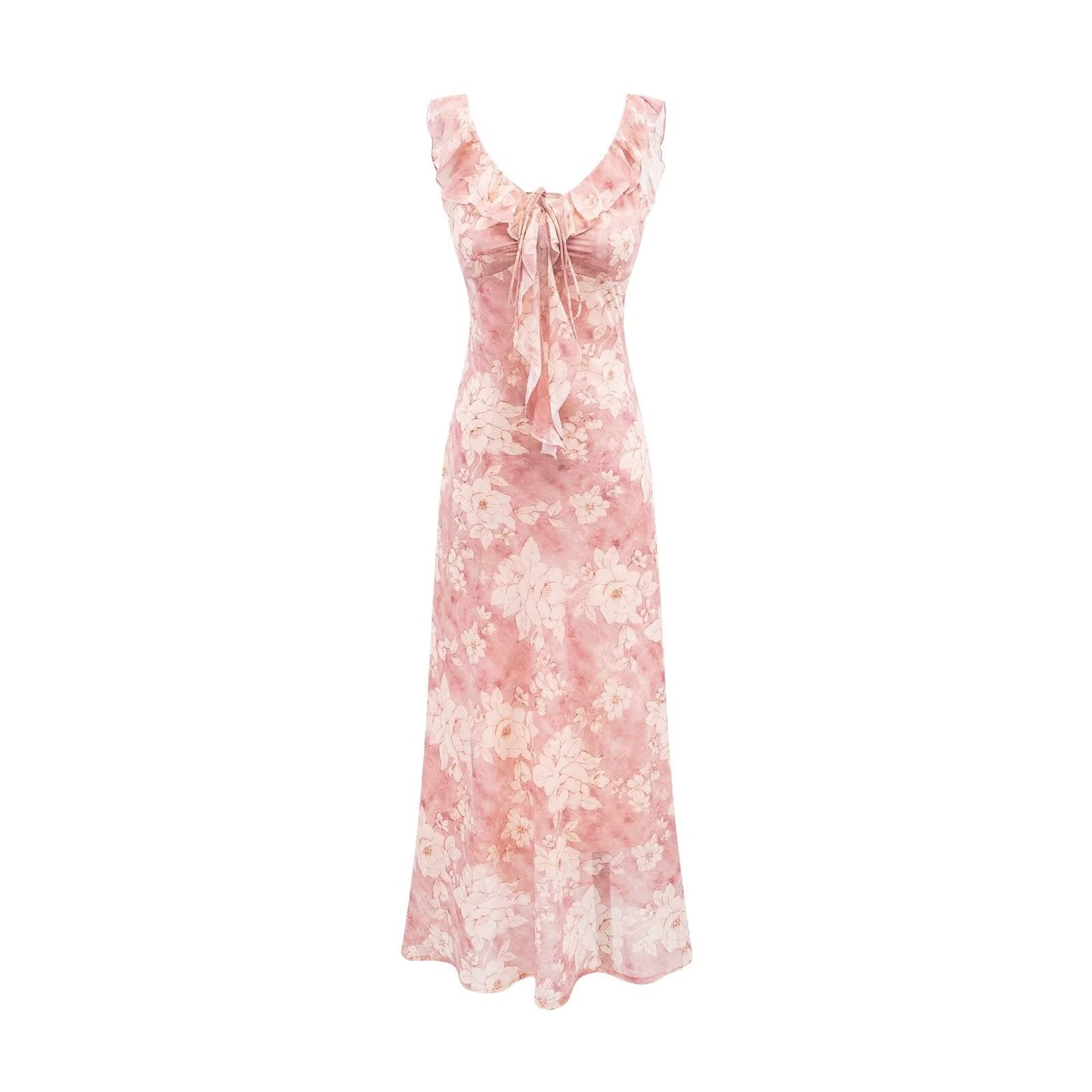 Vintage Ruffled Drawstring Patchwork Slip Dress Pink Rose Sheath Fishtail Midi Dress