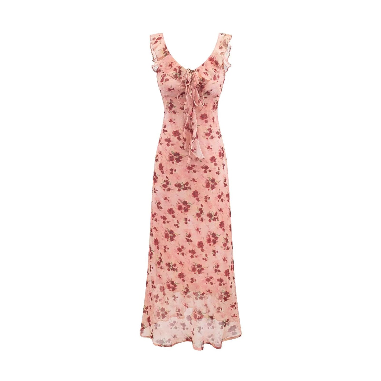 Vintage Ruffled Drawstring Patchwork Slip Dress Pink Rose Sheath Fishtail Midi Dress