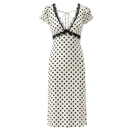 Sexy Lace Deep V Plunge neck Puff Sleeve Polka Dot Dress Tight Waist Slim Fit Sexy Midi Dress for Women