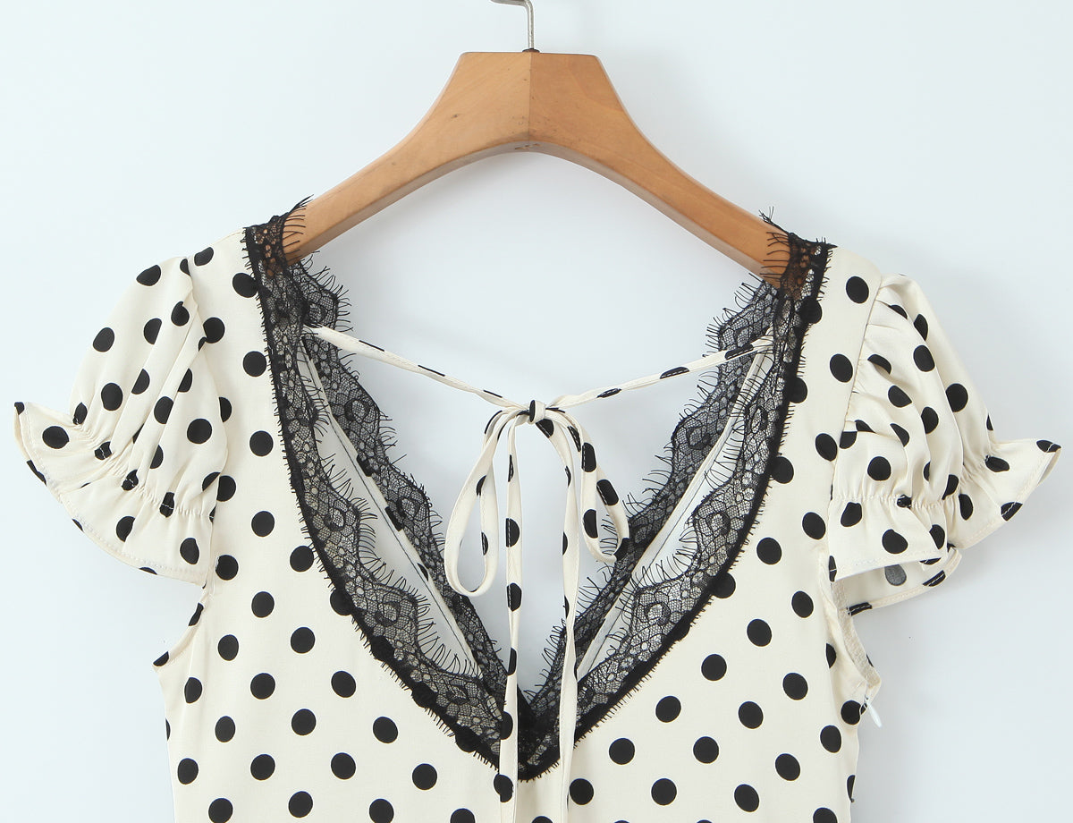 Sexy Lace Deep V Plunge neck Puff Sleeve Polka Dot Dress Tight Waist Slim Fit Sexy Midi Dress for Women