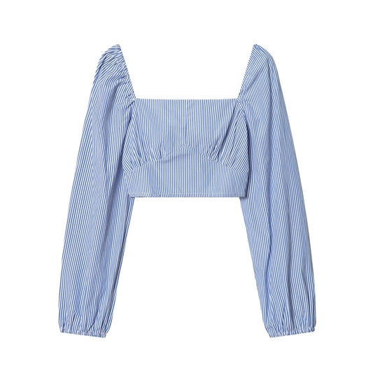 Women Clothing Spring Sexy Design Striped Backless Square Collar Short Shirt Top
