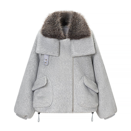 Women Clothing Spring Street Big Fur Collar Woolen Puffer Jacket