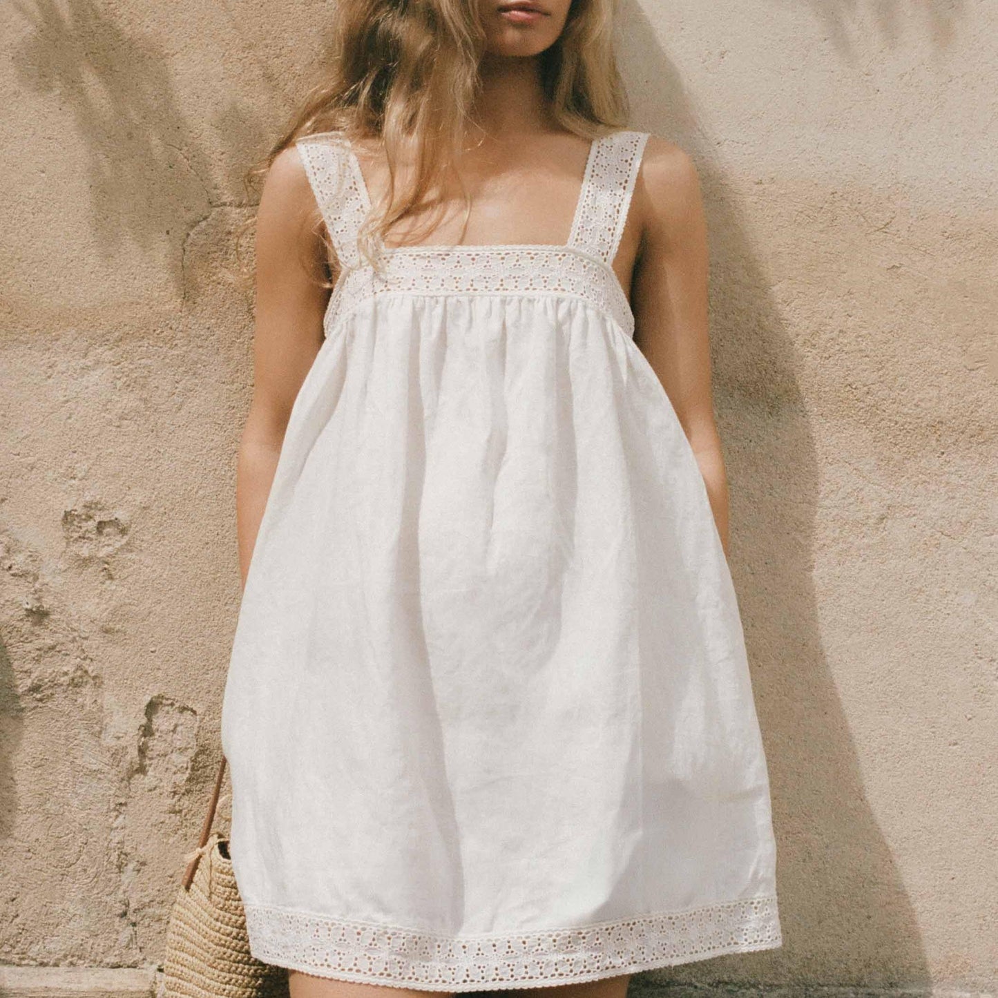 Women Lace Stitching Cami Dress Summer Loose Slimming White Holiday Short Dress