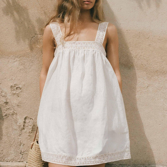 Women Lace Stitching Cami Dress Summer Loose Slimming White Holiday Short Dress