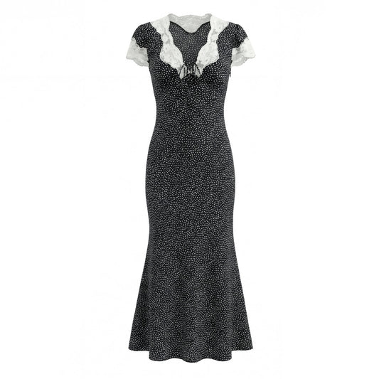 French Retro Beautiful Seaside Vacation Maxi Dress Lace Stitching Polka Dot Elegant Graceful Dress