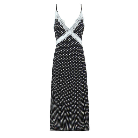 French Polka Dot Brace Maxi Dress Retro Sexy Slim V neck Lace Stitching Dress for Women Early Spring