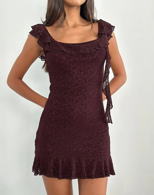 Sexy Cute Deep V Plunge neck Bow Flocked Printed Tight Waist A line Dress Ruffled Sexy Dress