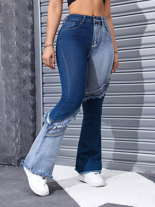 Two Tone Frayed Hem Flare Jeans