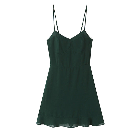 Summer French Sexy Retro Solid Color Slim Fit Slim Sexy Ruffled Spaghetti Straps Dress