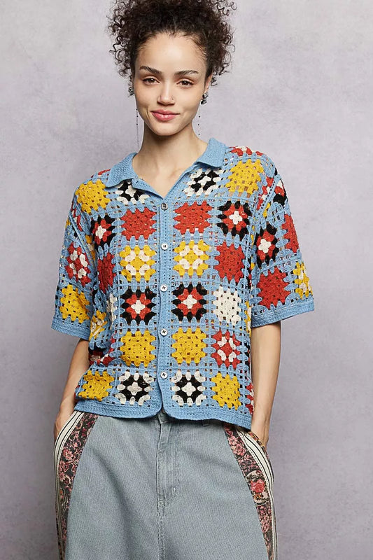 POL Crochet Short Sleeve Relaxed Fit Shirt
