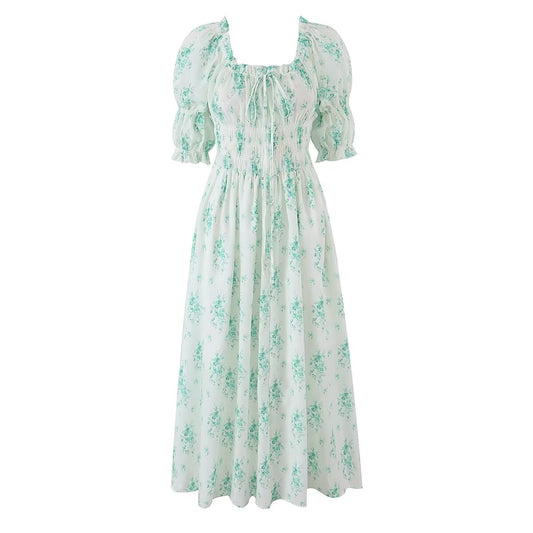 Summer Small Floral Drawstring Lace Scoop Smocking Tight Waist Dress