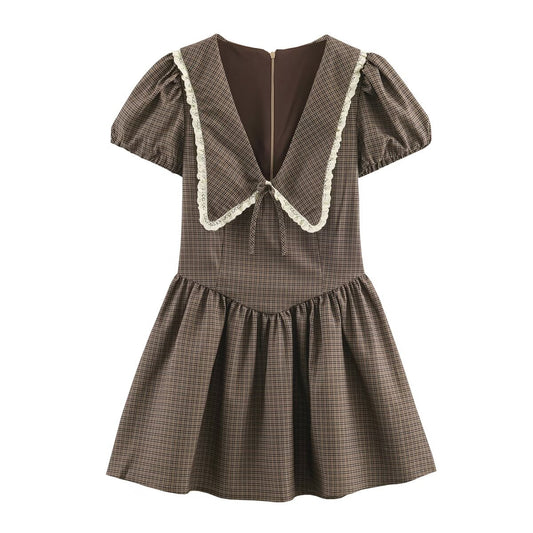 Women Clothing Summer Sweet Cute Anti Aging Plaid Collared Dress